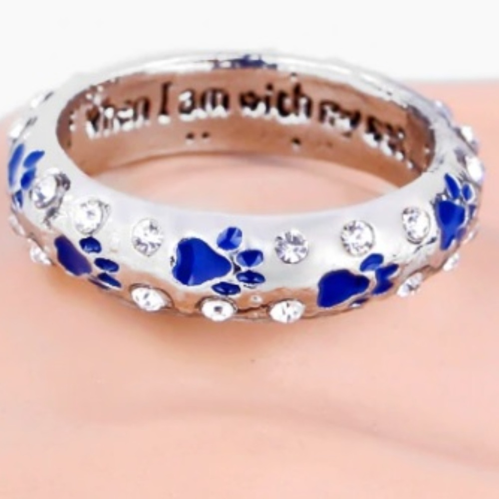 Blue Enamel Silver Paw Print Ring